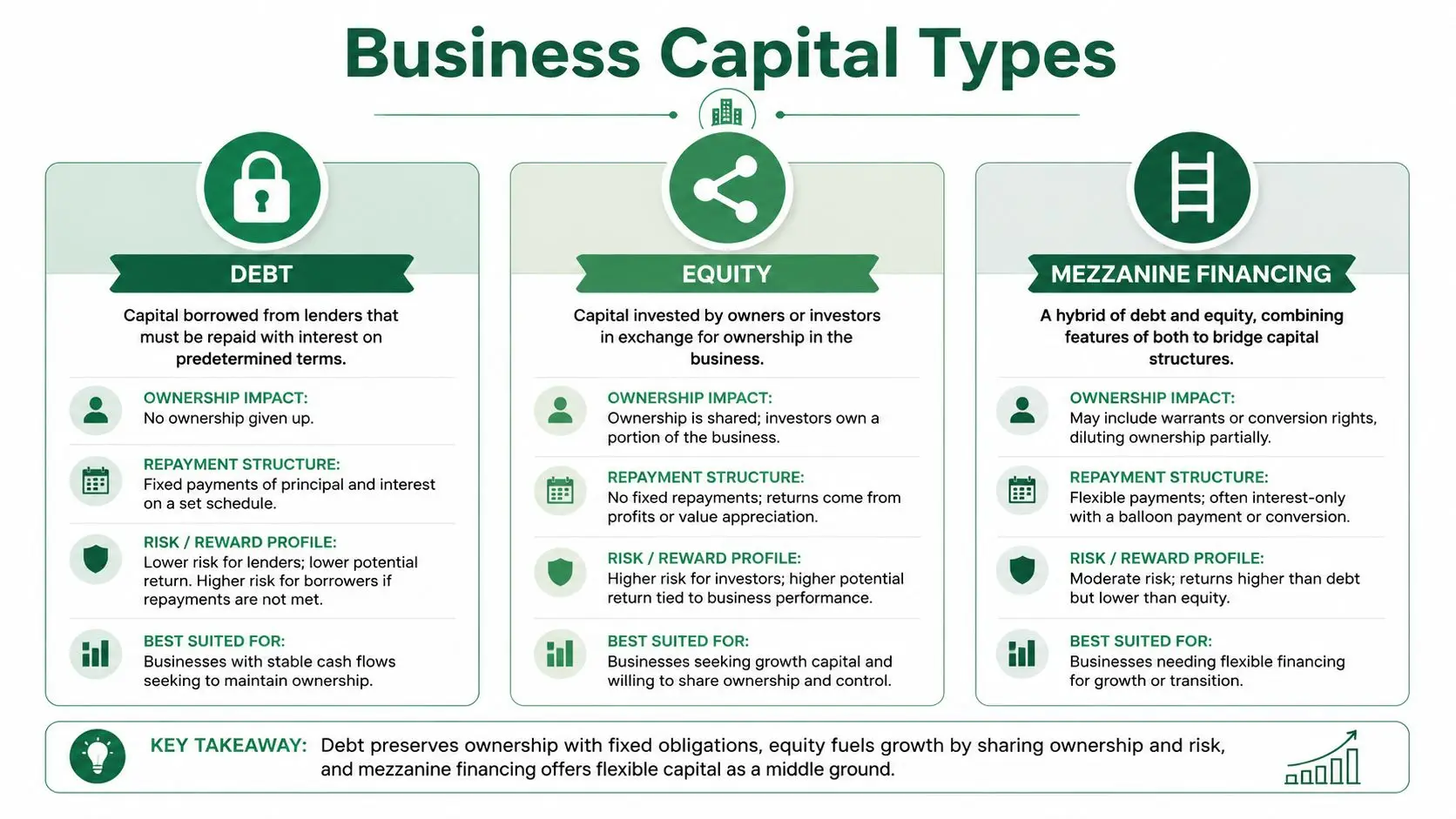 An infographic illustrating three types of business capital: debt, equity, and mezzanine financing with their key features.
