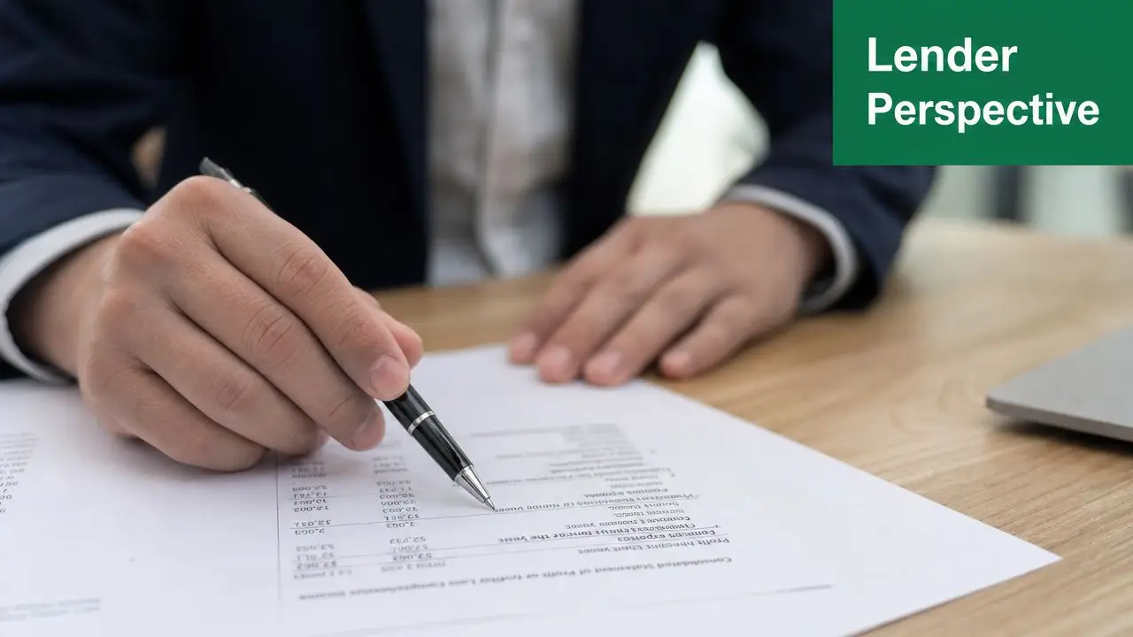 A professional lender in a suit reviewing a business financial document with a pen at a desk.