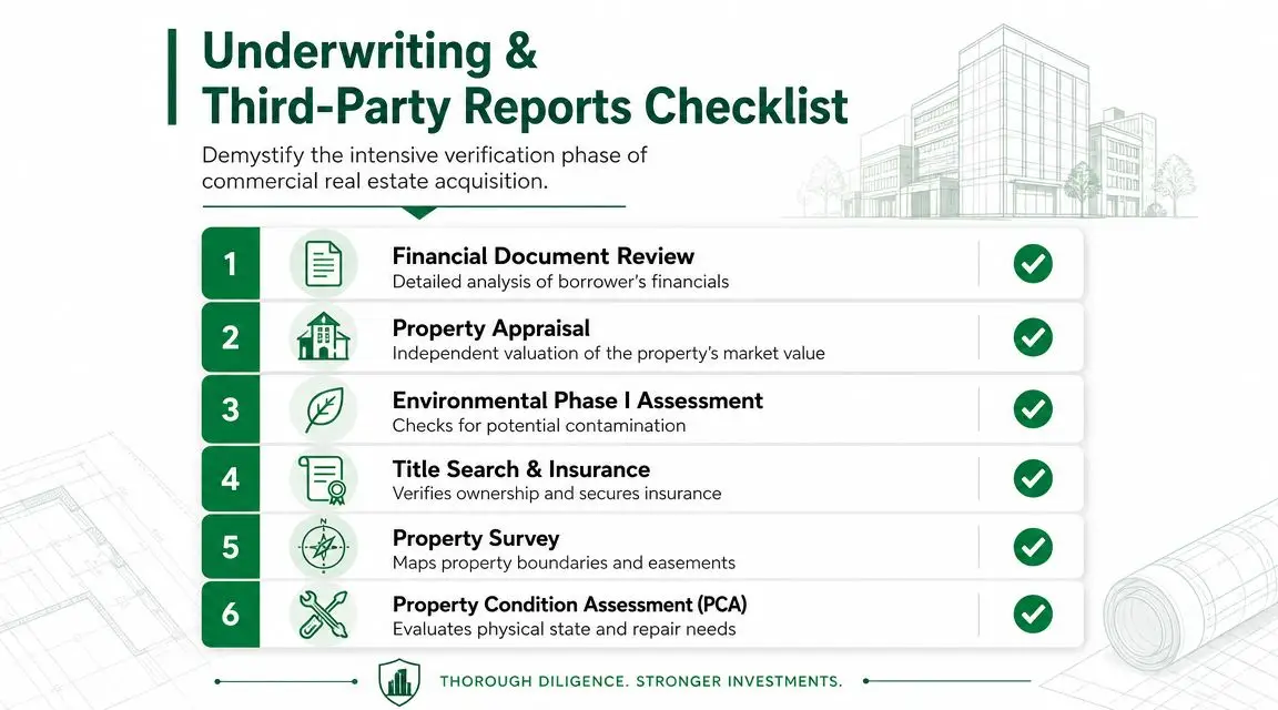 A checklist for commercial real estate acquisition listing six essential third-party reports and financial document reviews.