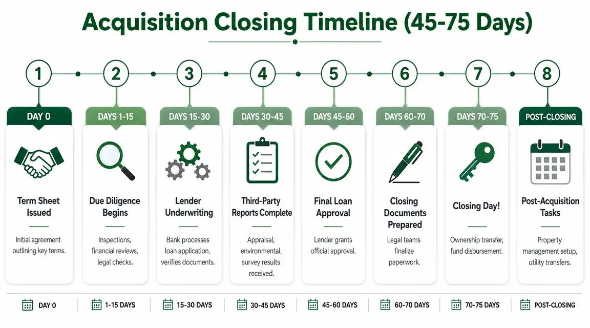 A timeline graphic showing the 8 steps of a commercial real estate acquisition process from 45 to 75 days.