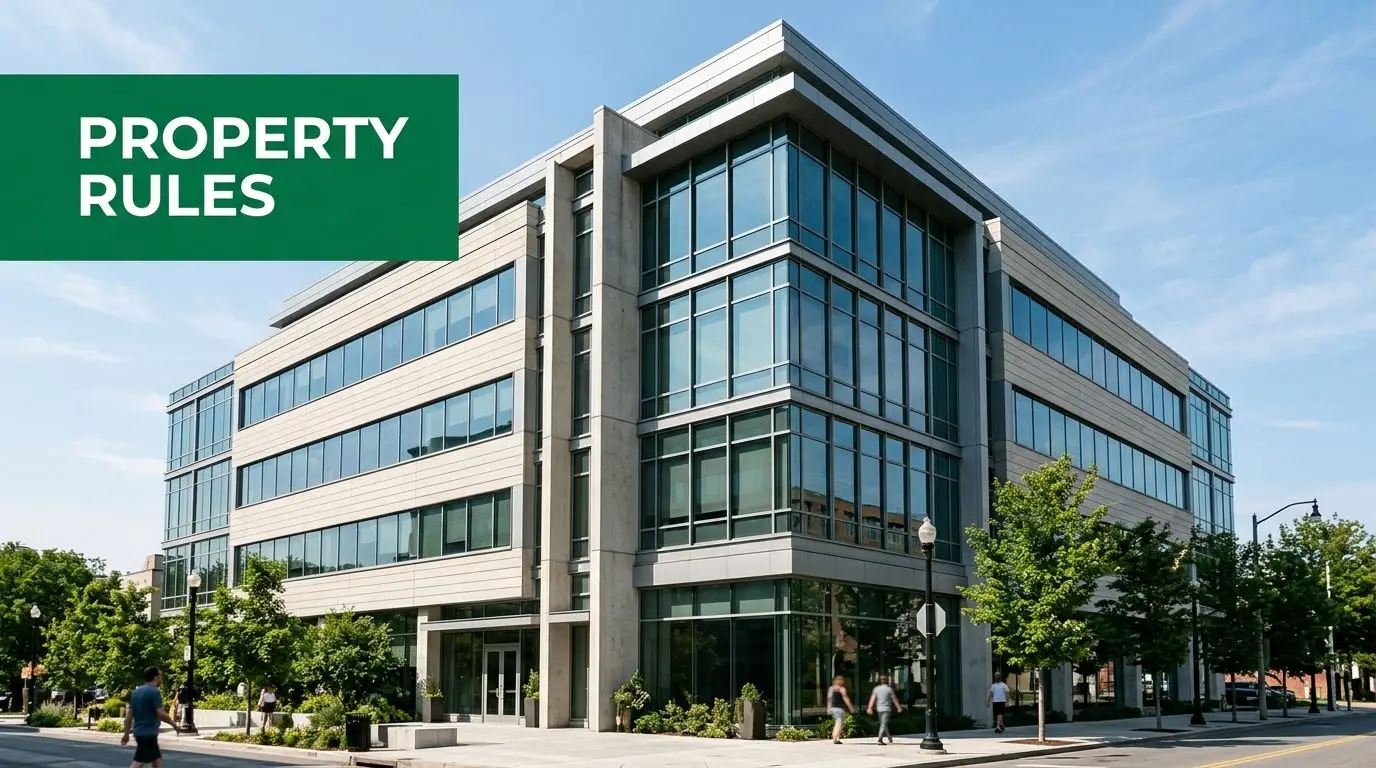 A modern commercial building exterior with large glass windows and professional landscaping on a sunny day.