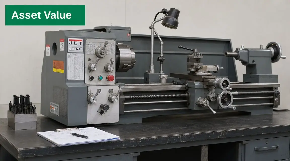 A professional industrial lathe machine resting on a metal workbench with a clipboard and paperwork nearby.