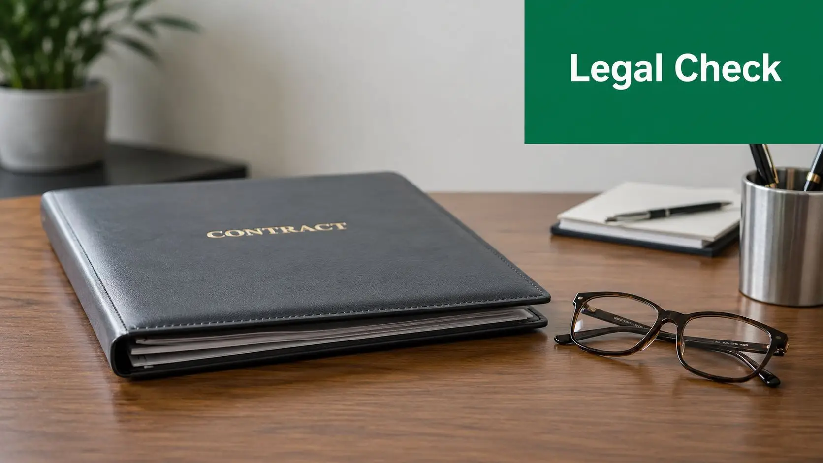 A black leather contract folder rests on a wooden desk alongside reading glasses, a notebook, and pens.