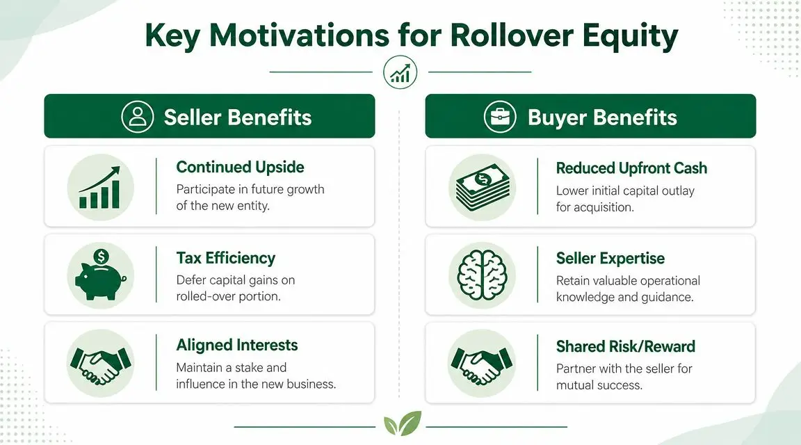 A chart illustrating the key motivations for rollover equity, detailing benefits for both sellers and buyers.