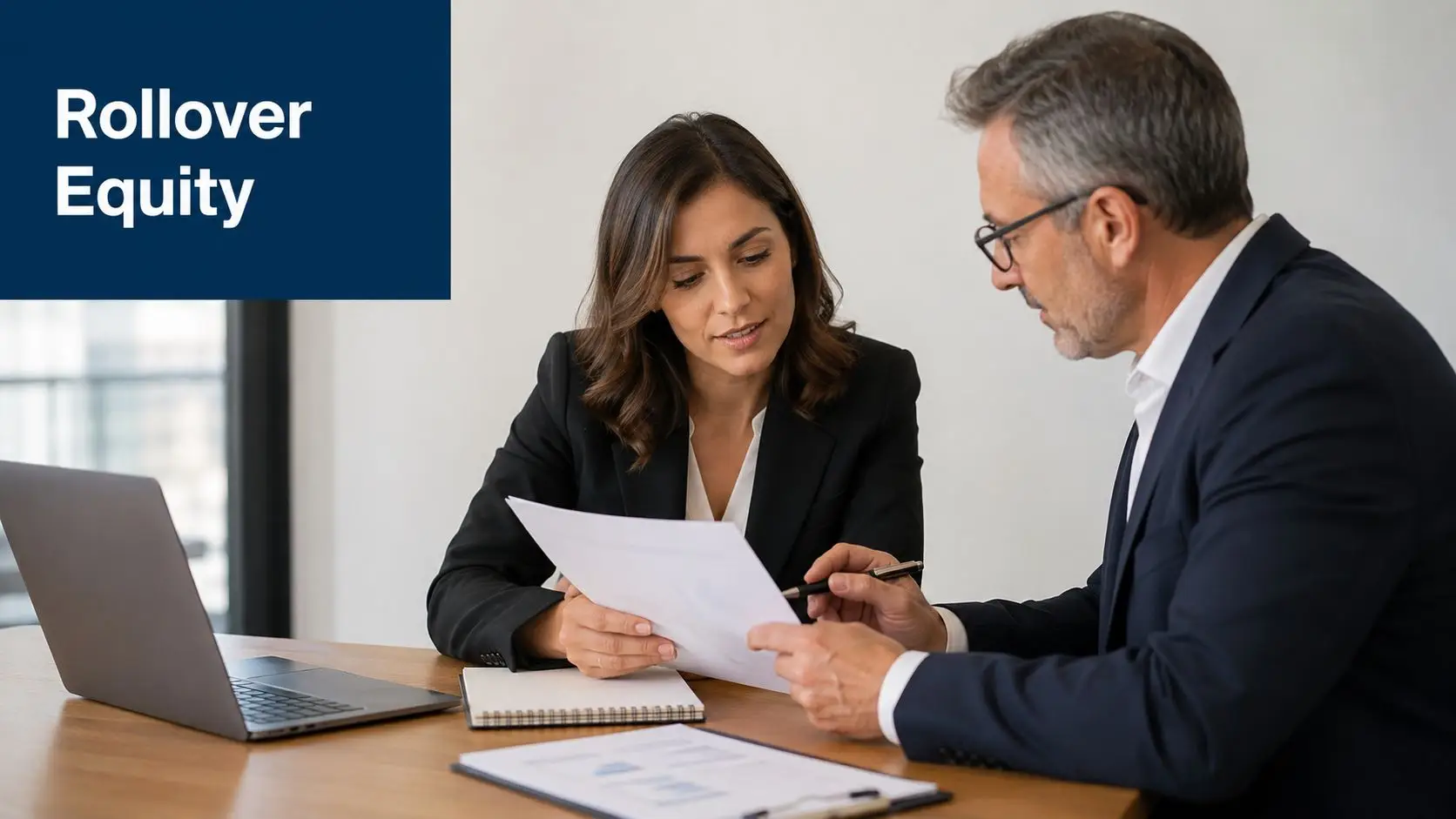 A professional woman and man in suits reviewing financial documents during a business meeting in an office.
