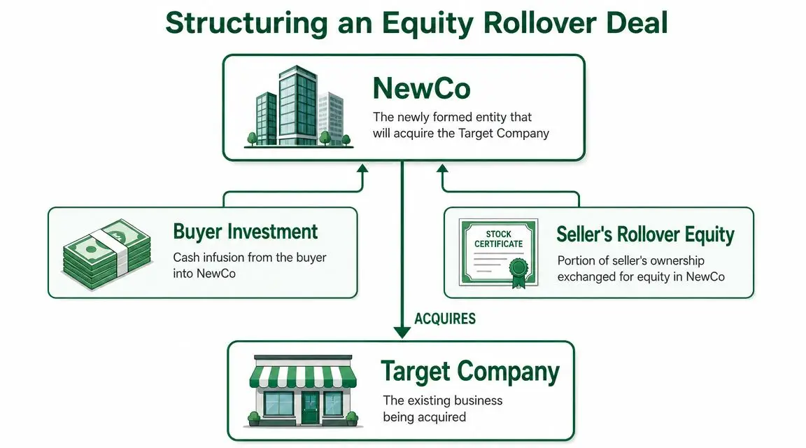 A diagram illustrating the structure of an equity rollover deal between a buyer, seller, and NewCo.