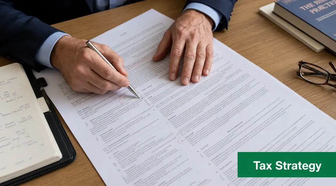 A professional accountant reviews a legal tax document with a pen at a wooden desk.