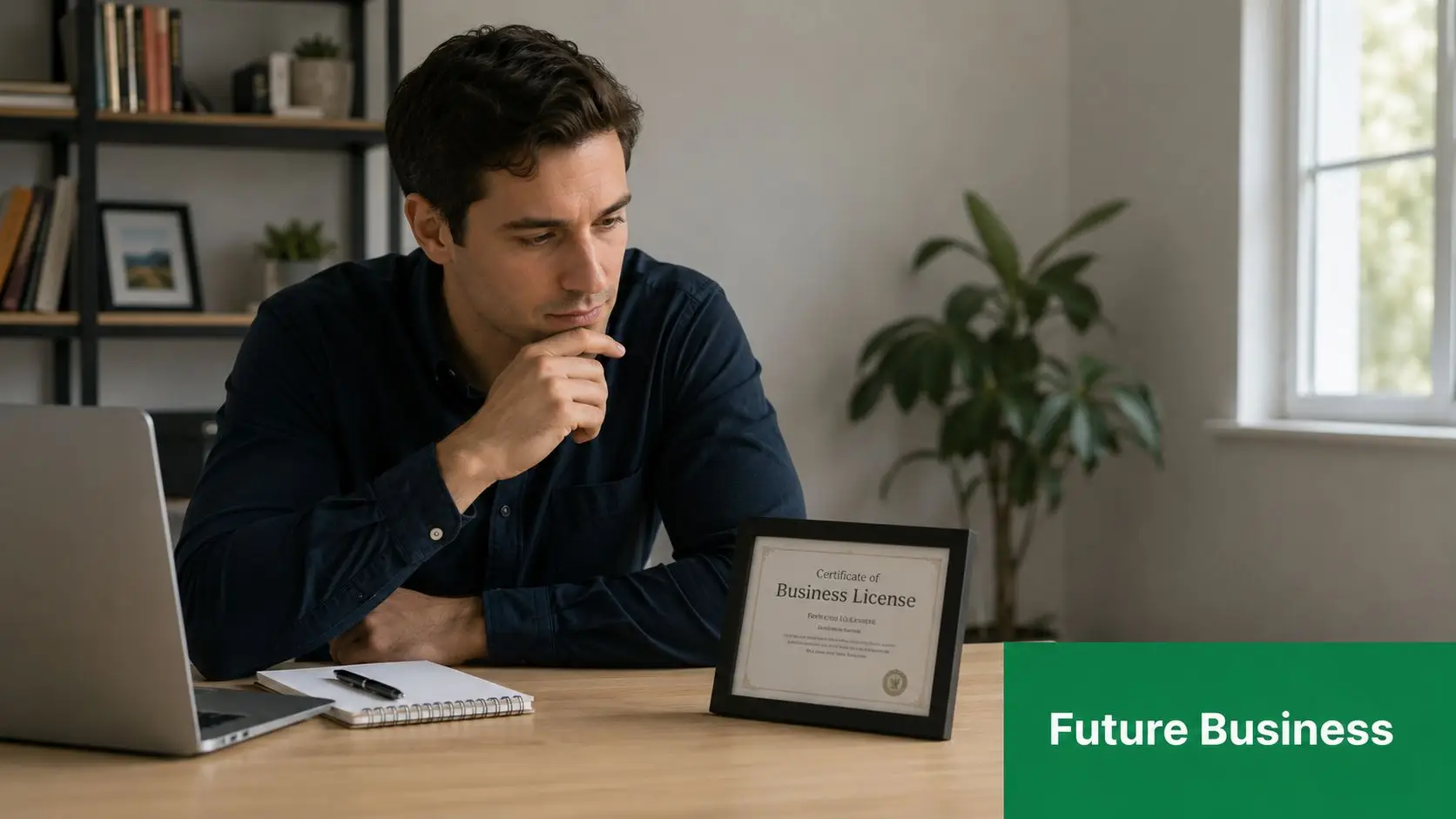 A focused man sitting at a desk with a laptop and a framed business license certificate.