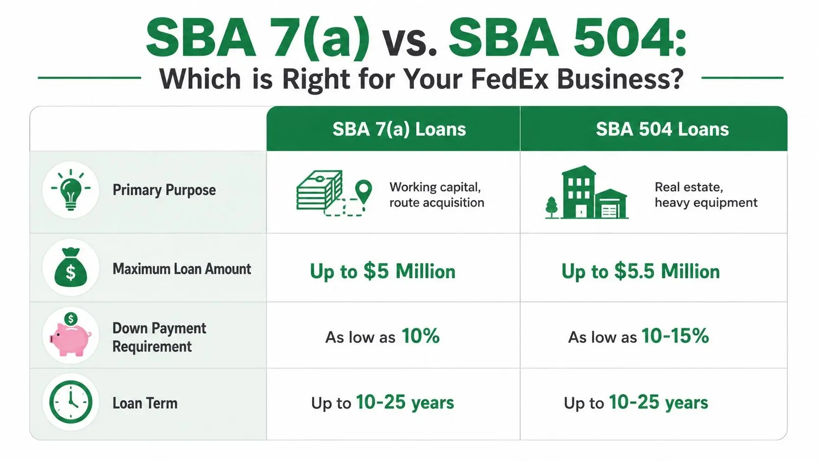 A comparison table outlining key differences between SBA 7(a) and SBA 504 loans for FedEx businesses.