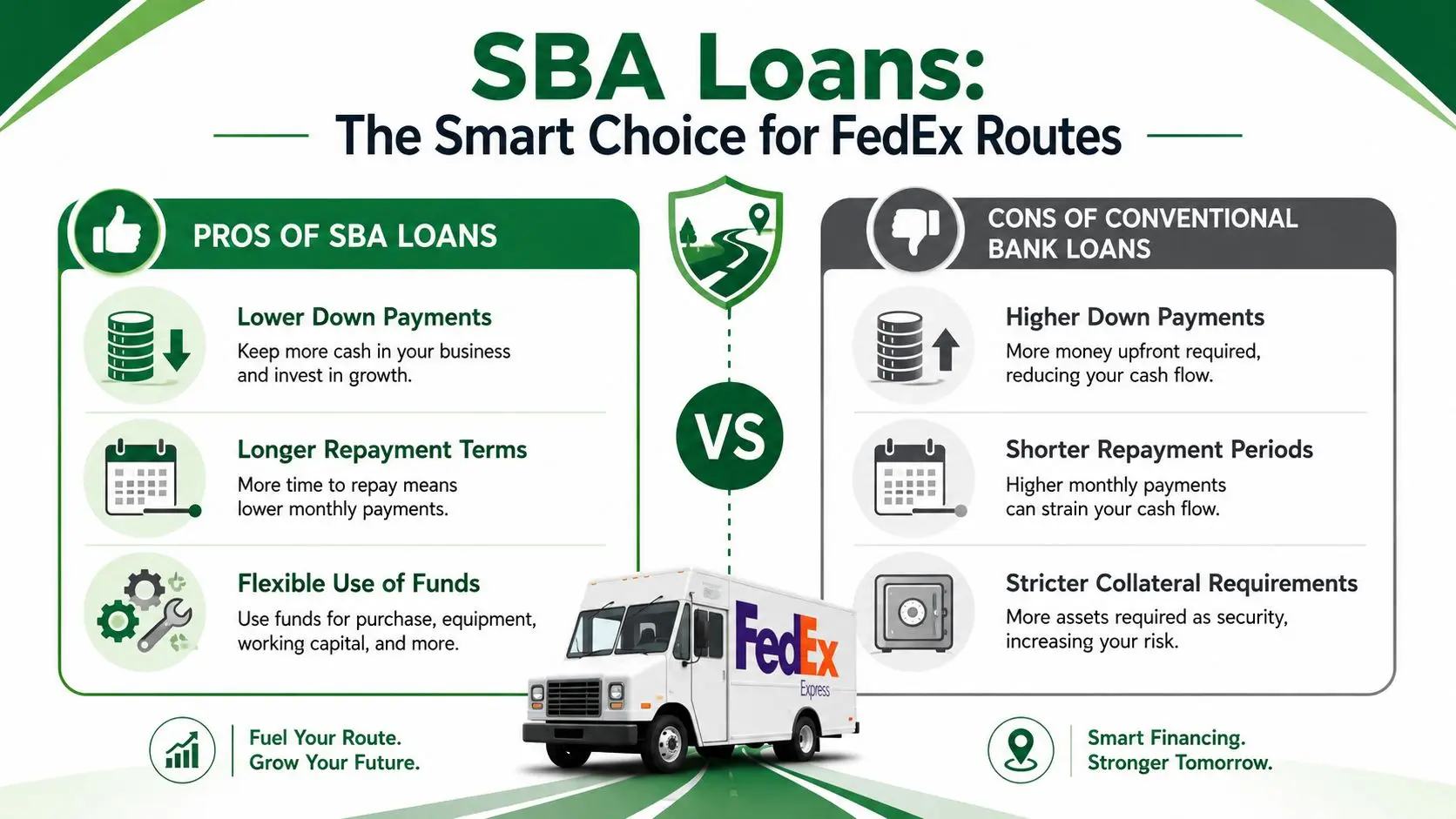 An infographic comparing the benefits of SBA loans versus conventional bank loans for FedEx routes.