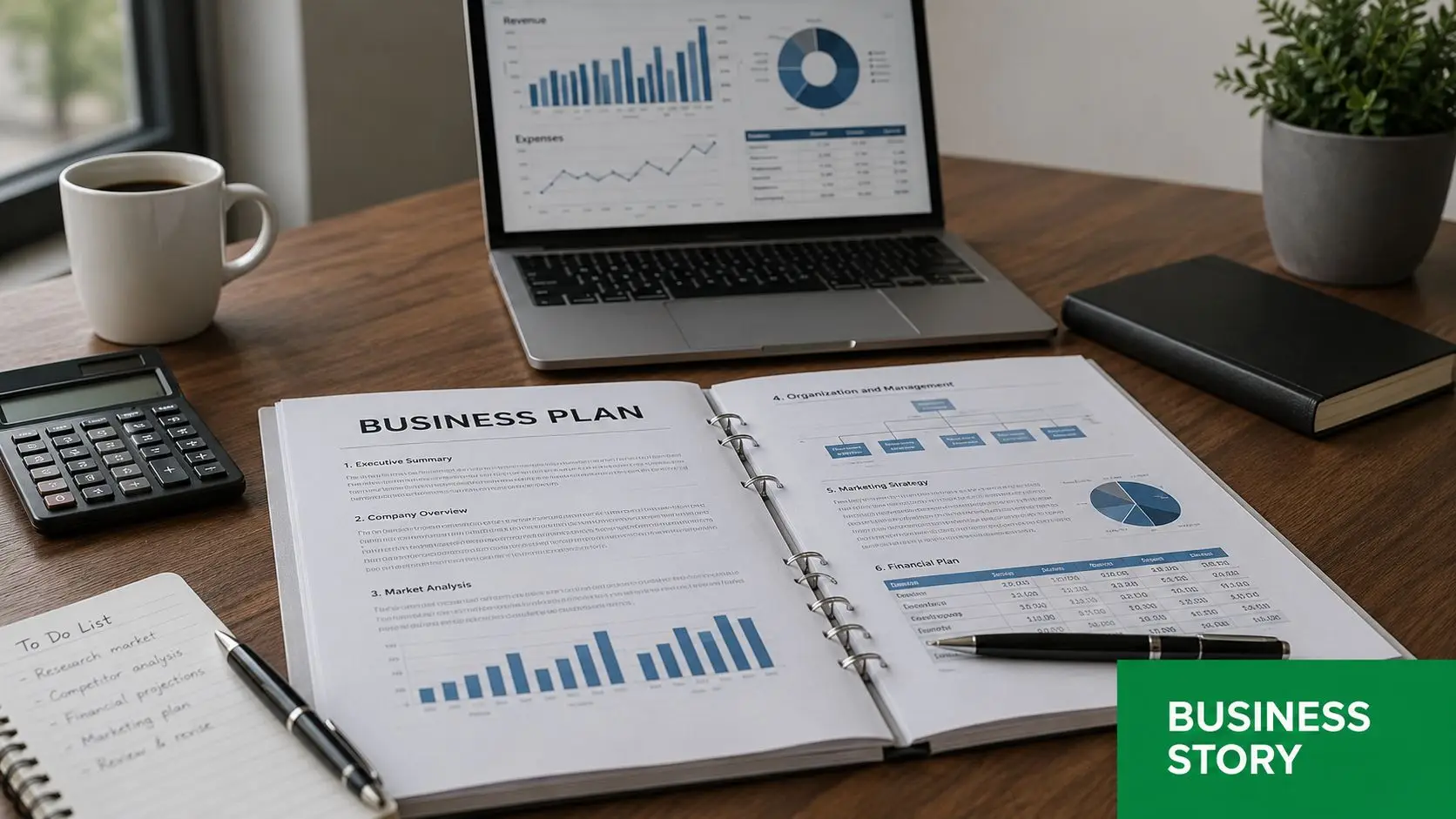 A professional business desk featuring a laptop, calculator, business plan document, notebook, and a coffee mug.