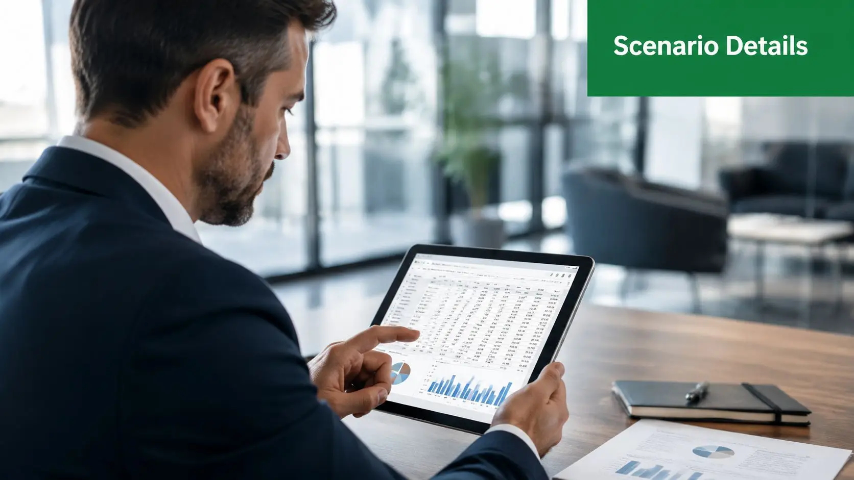 A professional businessman reviews financial charts and data on a digital tablet at his office desk.