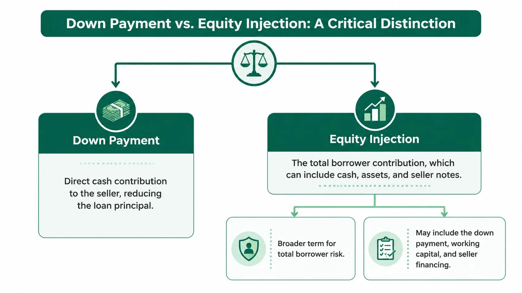 An infographic showing the difference between down payment and equity injection for business loan financing.