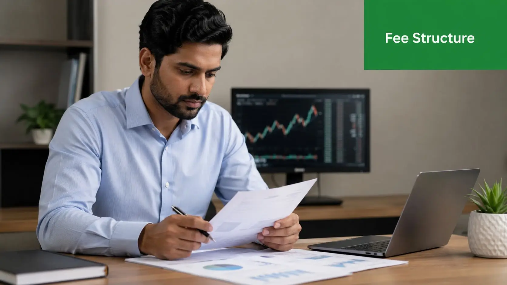 A professional man reviewing financial documents at a desk with a computer displaying stock market data.
