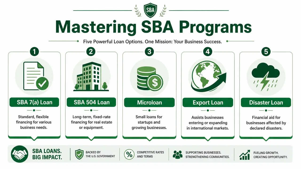 An infographic titled Mastering SBA Programs displaying five types of small business administration loan options for entrepreneurs.