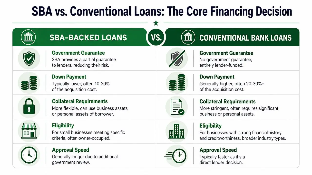 A comparison chart outlining the key differences between SBA-backed loans and conventional bank loans for business financing.