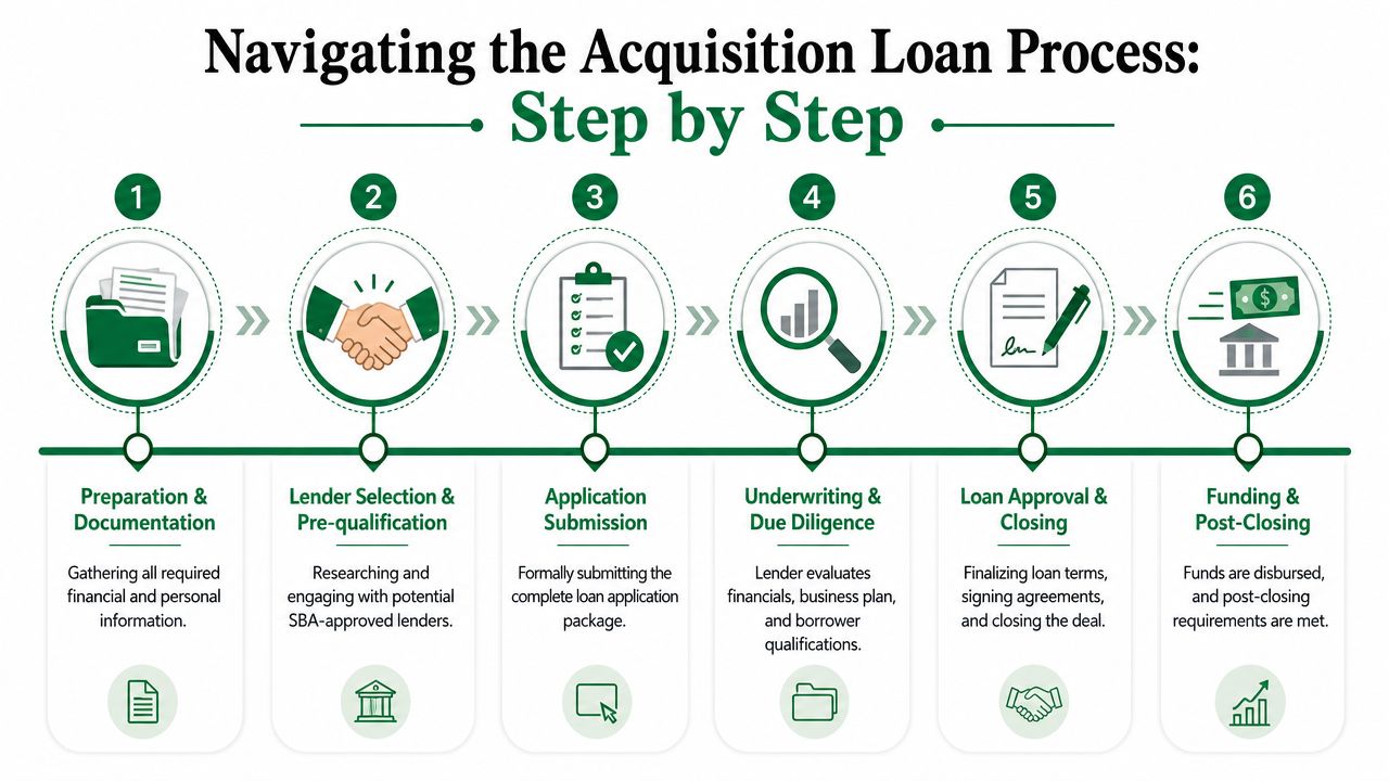 A six-step infographic detailing the acquisition loan process for businesses, from preparation to final funding.