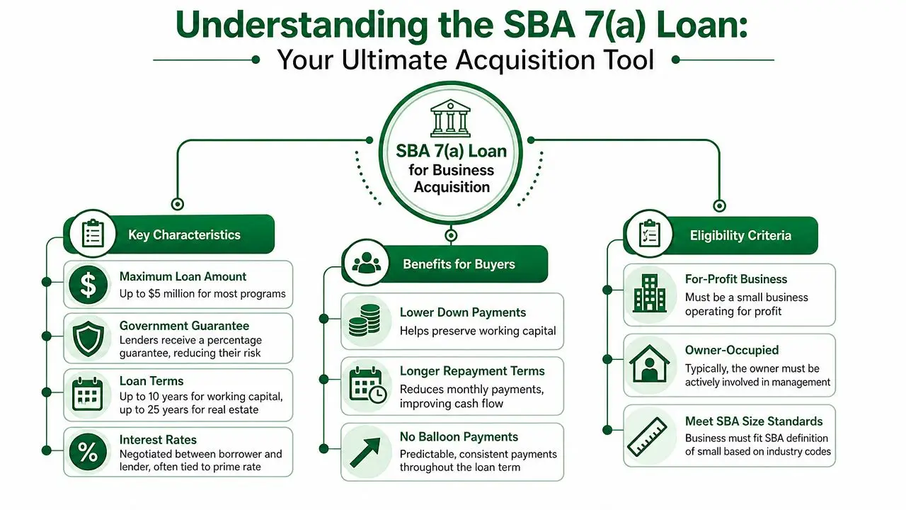 An infographic detailing the features, benefits, and eligibility criteria for an SBA 7(a) business acquisition loan.