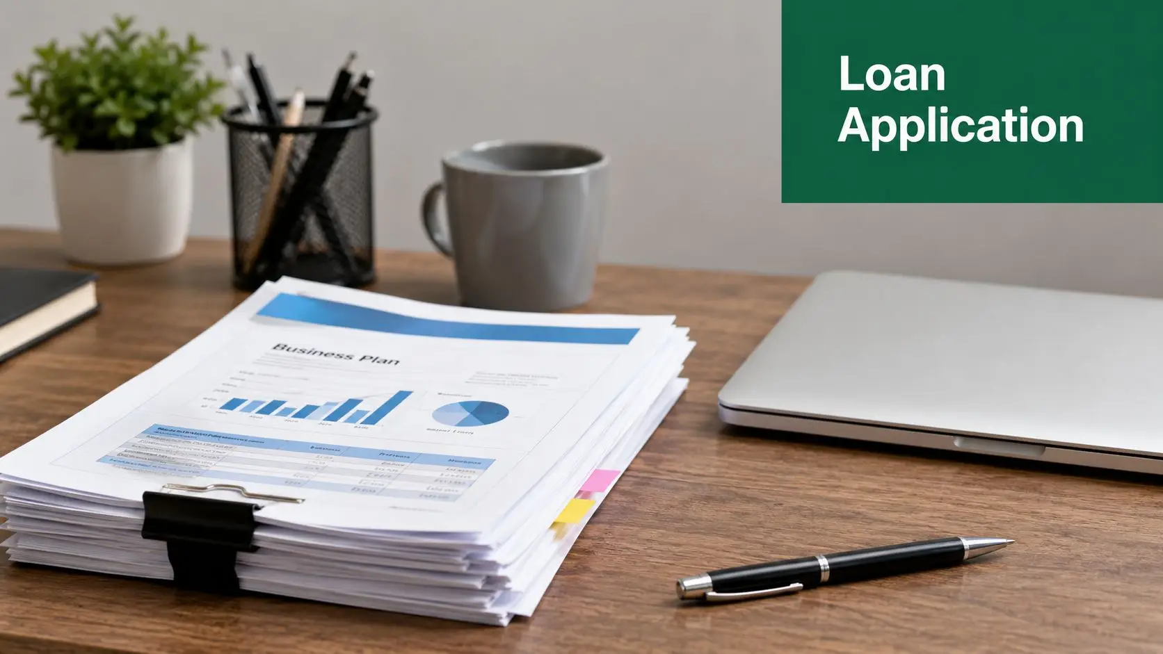 A stack of business plan documents with charts sits on a desk next to a laptop and pen.