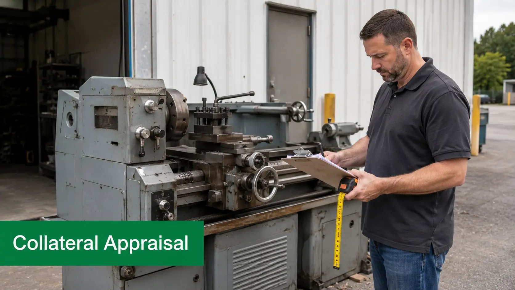 A professional appraiser uses a clipboard and measuring tape to inspect industrial equipment for an appraisal.
