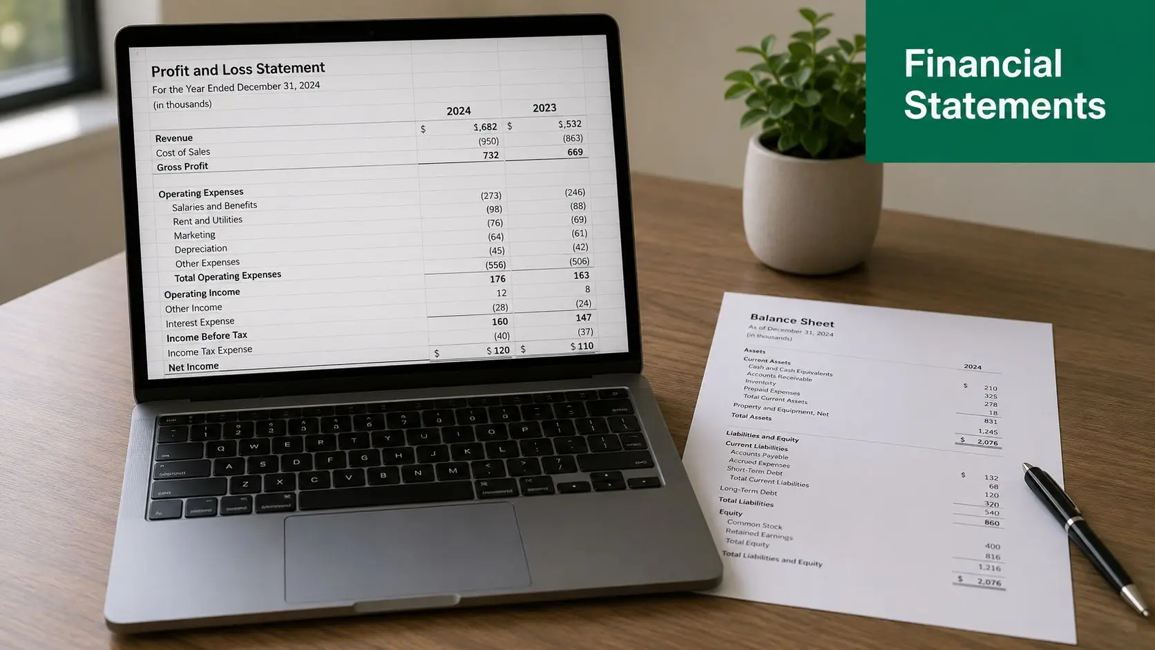 A laptop displaying a Profit and Loss Statement next to a printed Balance Sheet on a desk.