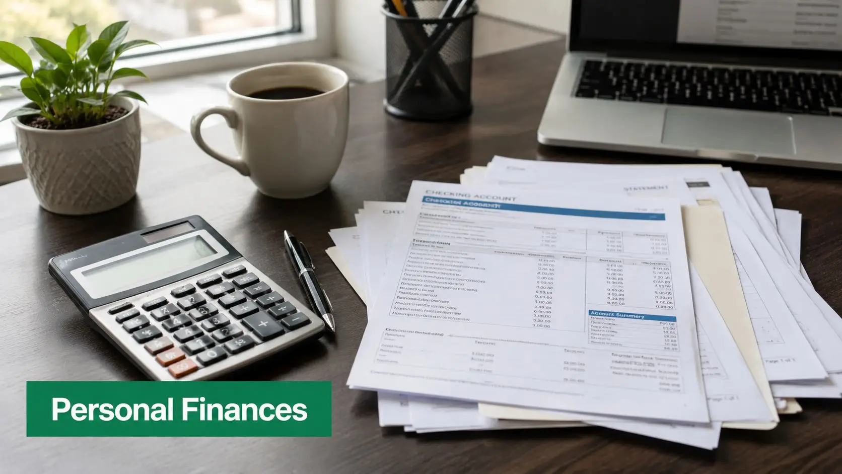 A workspace with a laptop, calculator, coffee cup, and bank statements on a dark wooden desk.