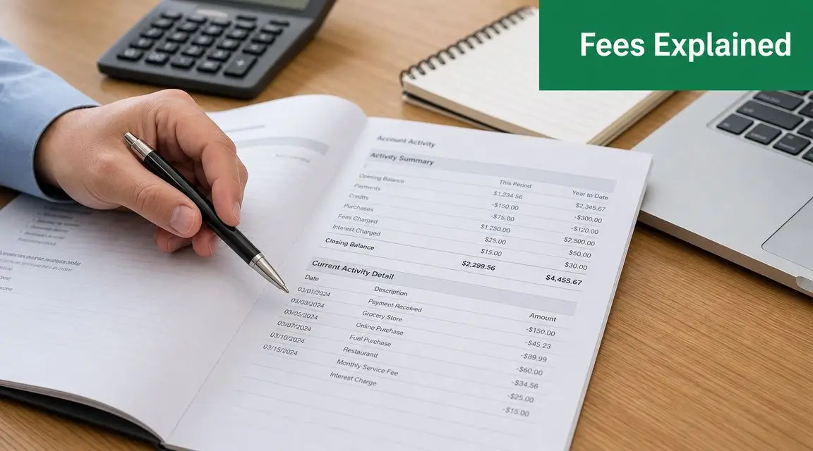A person reviewing a financial account statement showing activity summary and transaction details at a wooden desk.