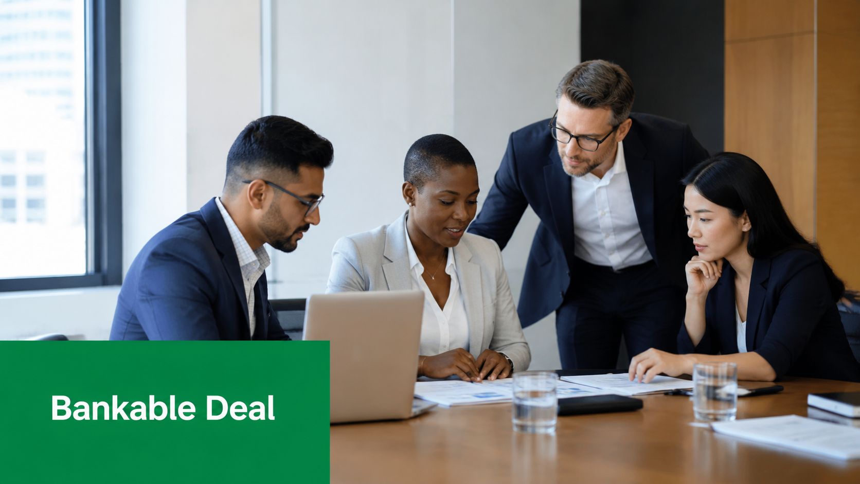 A professional team of diverse business people collaborating around a table during a meeting in an office.