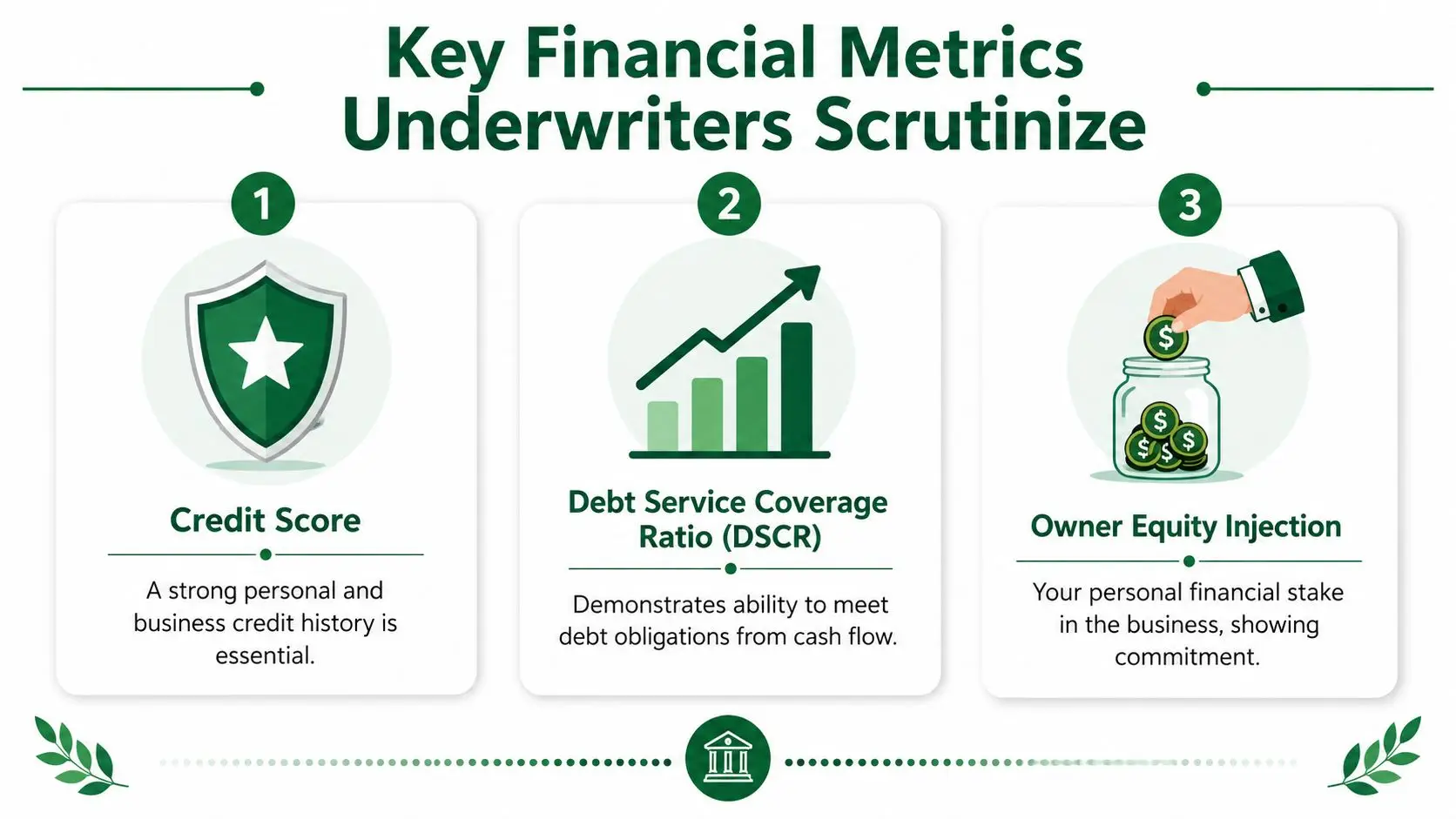 An infographic detailing the three key financial metrics used by underwriters for assessing SBA loan eligibility.