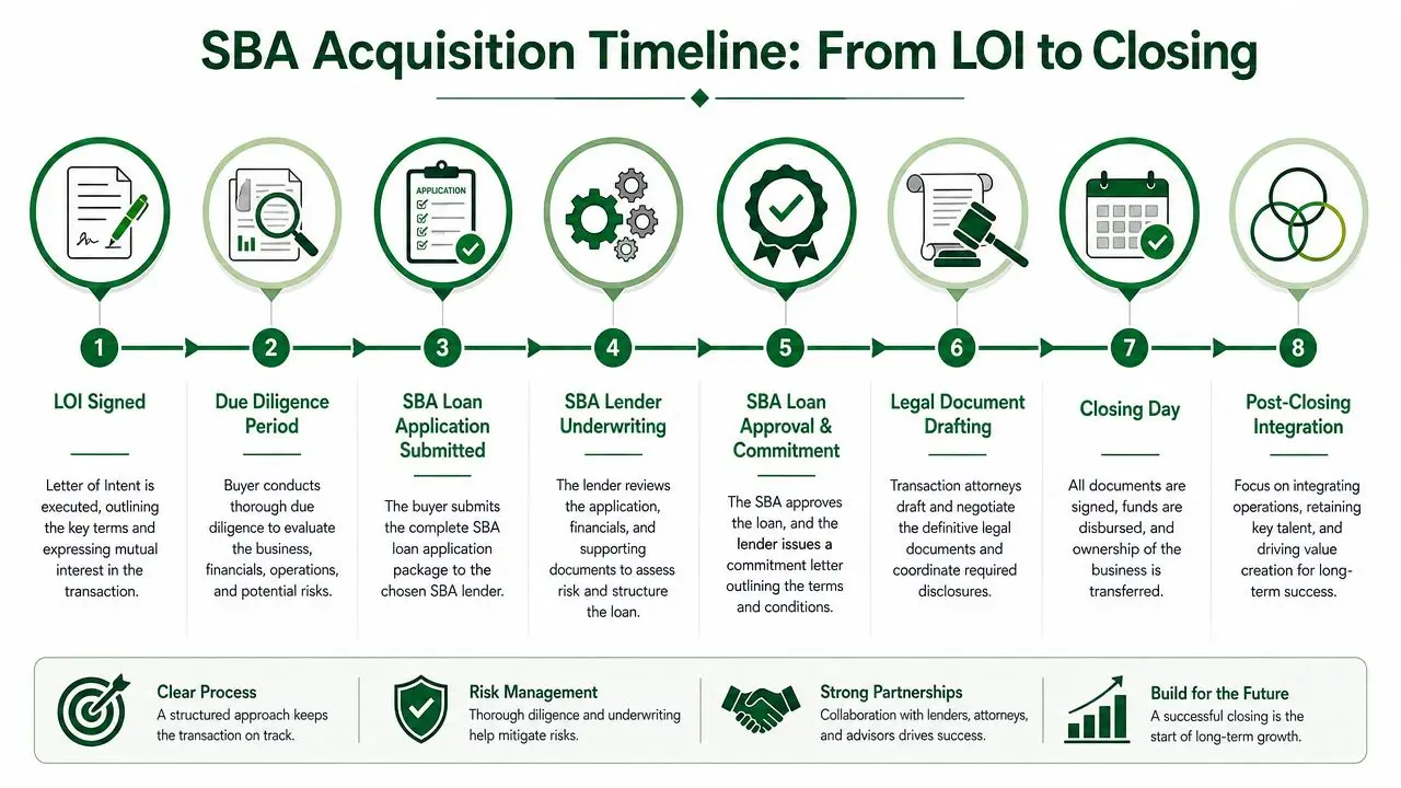 A professional infographic illustrating the eight key stages of the SBA acquisition process from LOI to closing.