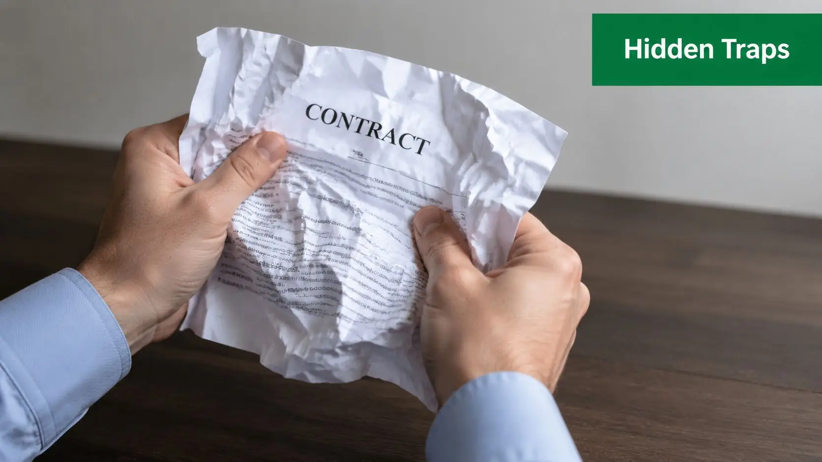 A person holding a crumbled paper contract, symbolizing hidden traps or problems in business legal agreements.