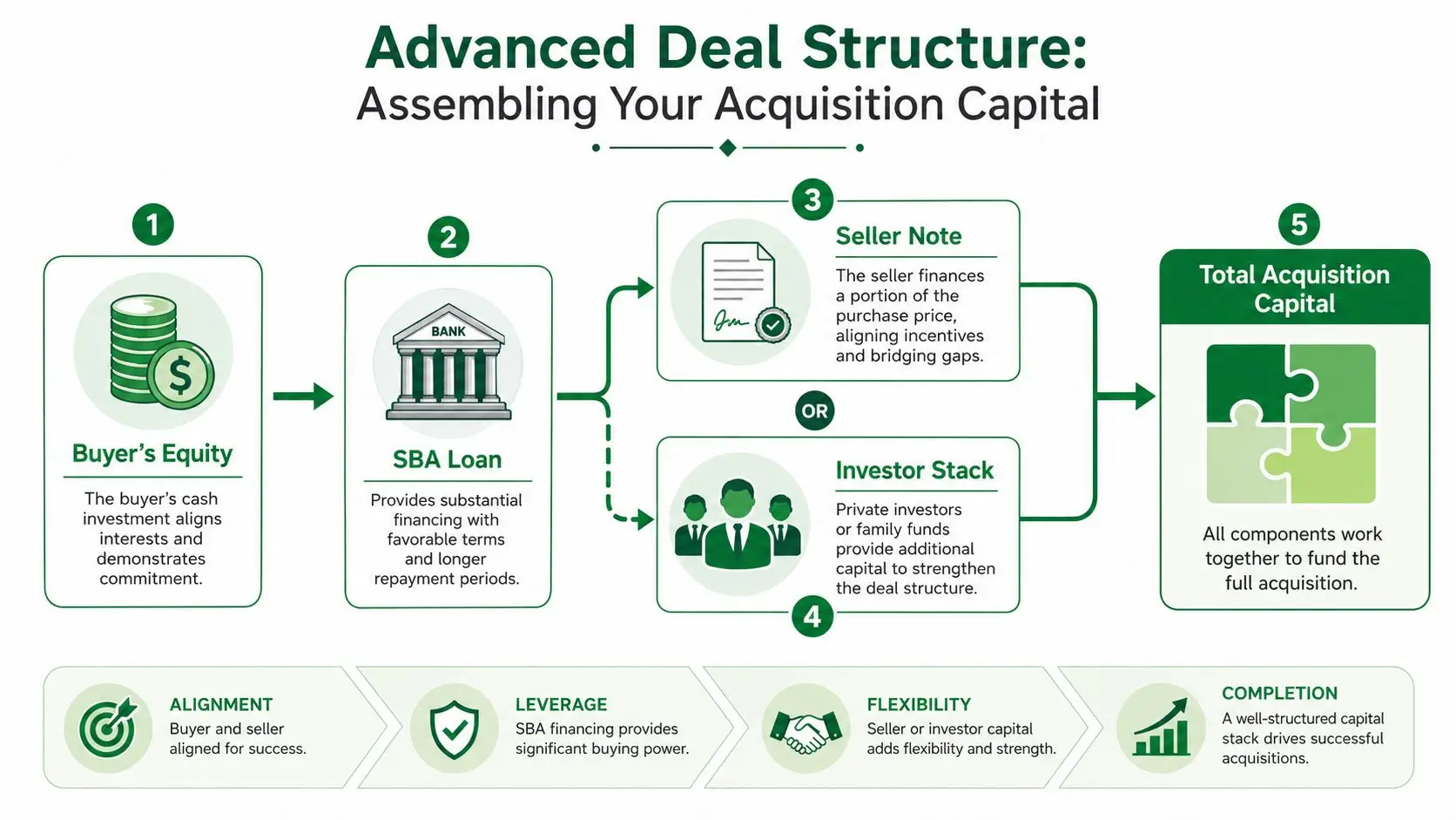 A diagram outlining the advanced deal structure for assembling acquisition capital through various financing components.
