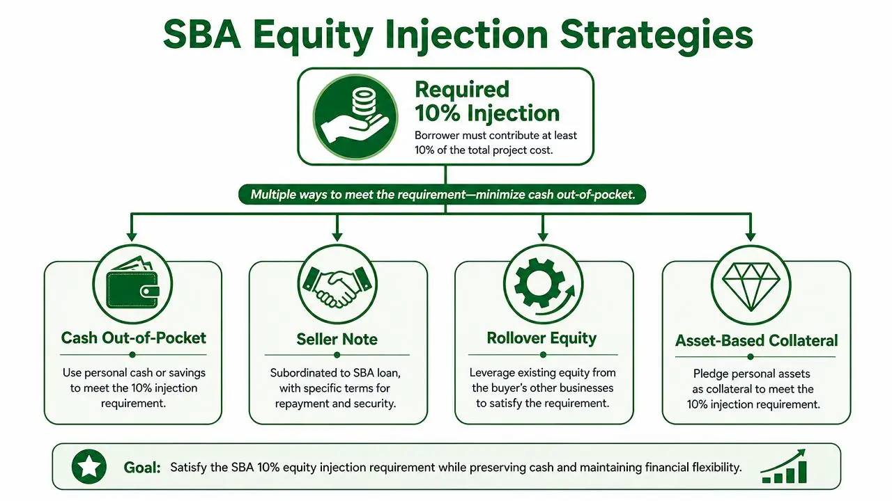 A flowchart explaining various strategies for meeting the SBA 10% equity injection requirement for business loans.