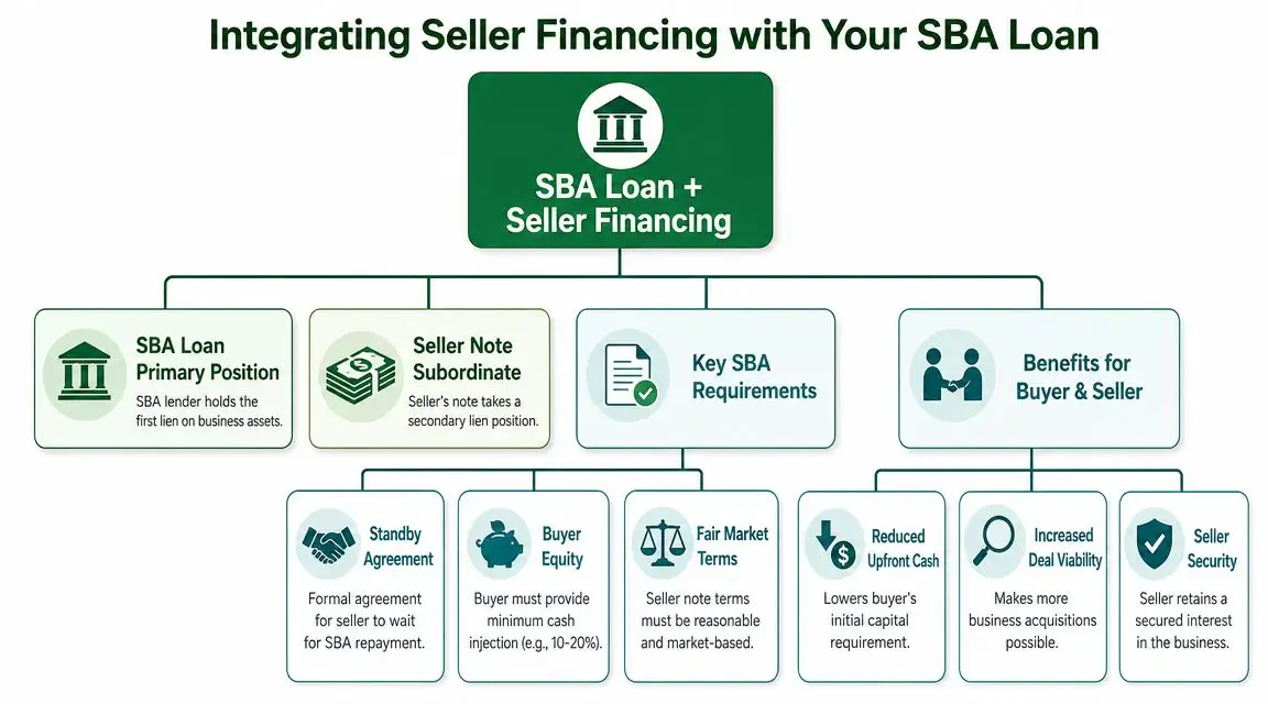 A diagram illustrating how to integrate seller financing with an SBA loan for business acquisition.