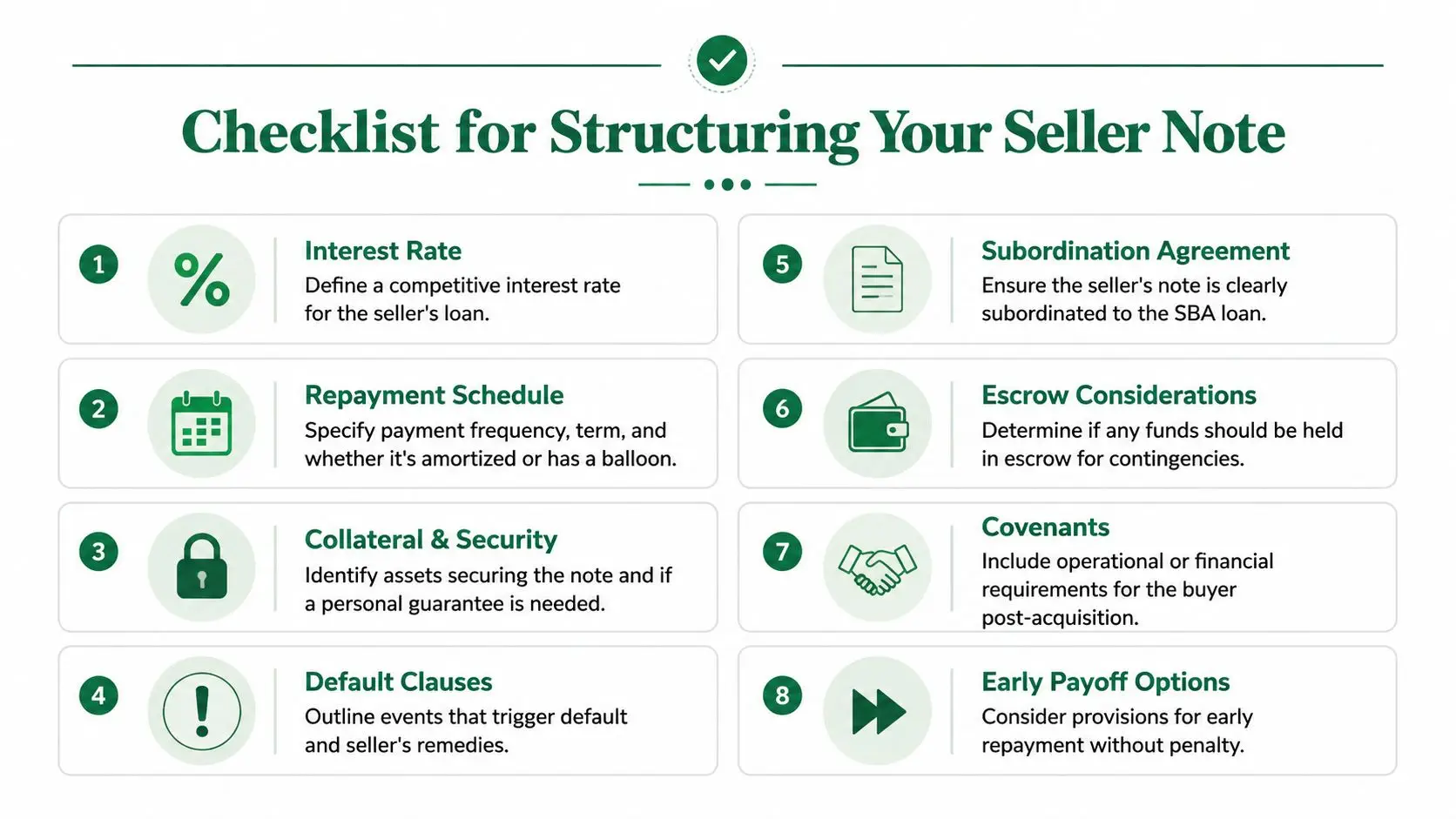 A checklist for structuring a seller note for business acquisitions containing eight essential financing considerations.