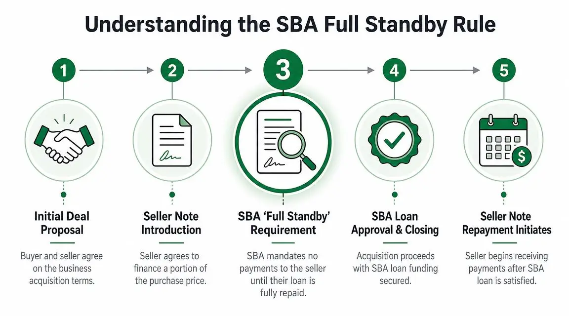 A five-step infographic illustrating the SBA Full Standby rule for financing business acquisitions via seller notes.