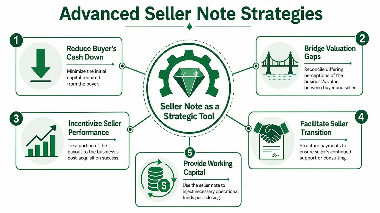 A diagram explaining five advanced seller note strategies for business acquisitions, including bridging valuation gaps and performance incentives.