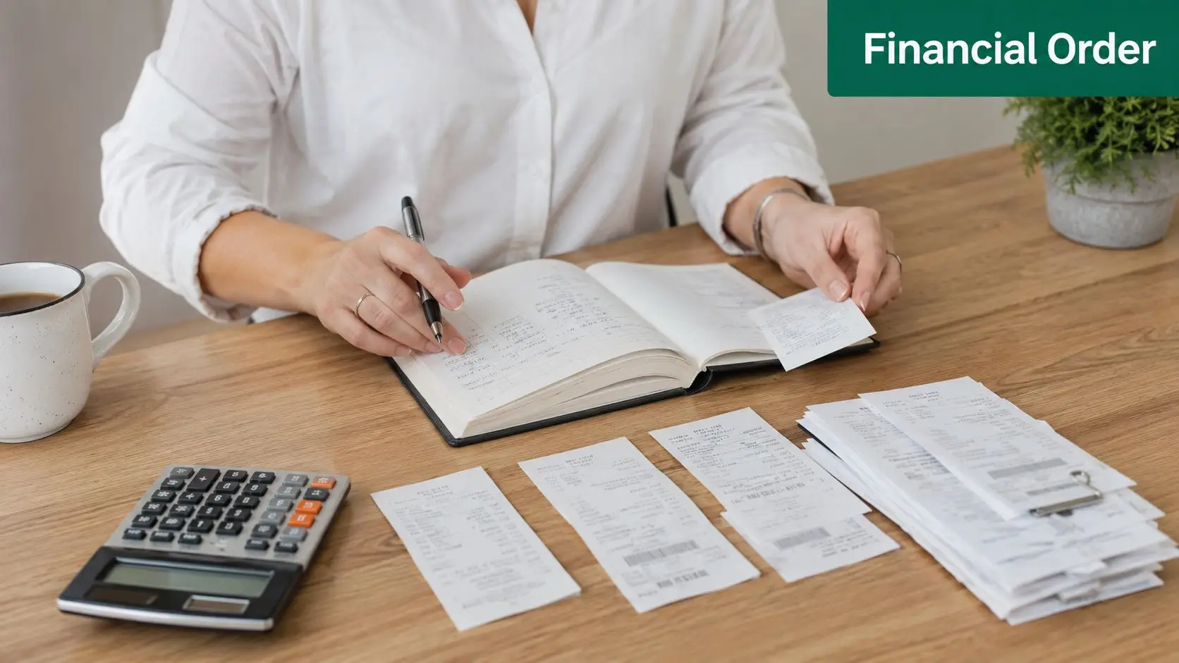 A person sitting at a wooden desk, organizing financial receipts and bookkeeping in a notebook with a calculator.