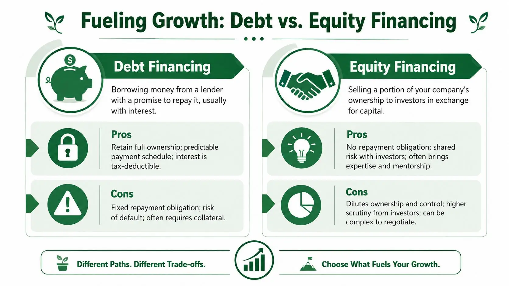 A comparison infographic explaining the differences between debt and equity financing for business growth and capital.