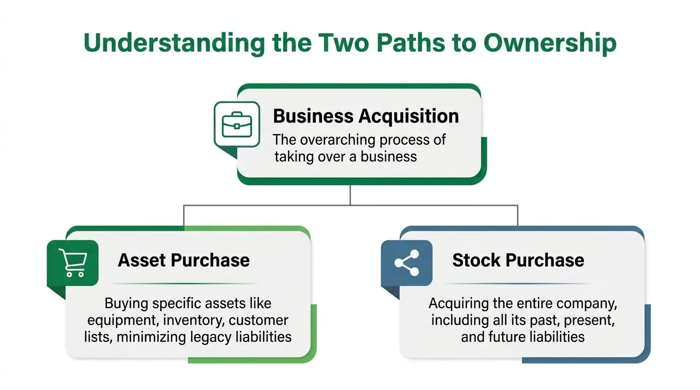 A diagram comparing asset purchase and stock purchase as the two main paths for business acquisition.