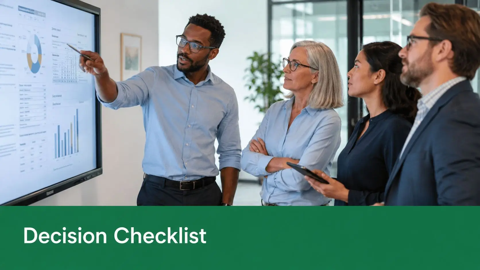 A professional business team collaborating during a presentation meeting in a modern office environment.
