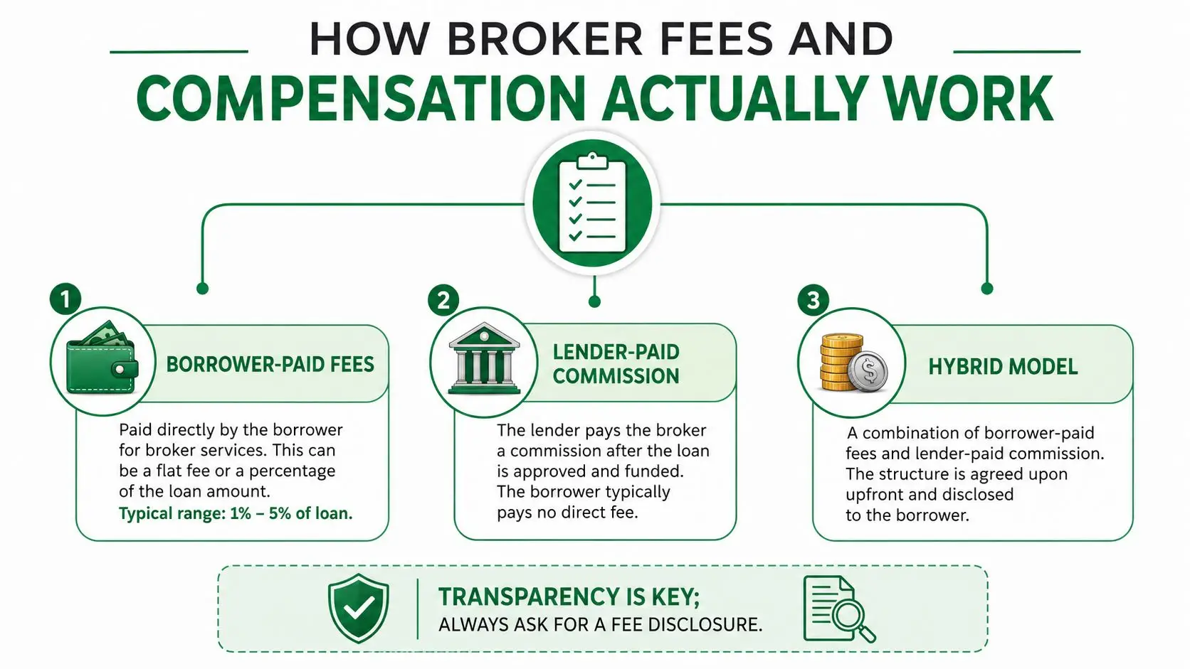 An infographic explaining three common ways mortgage brokers earn compensation: borrower-paid fees, lender-paid commissions, and hybrid models.
