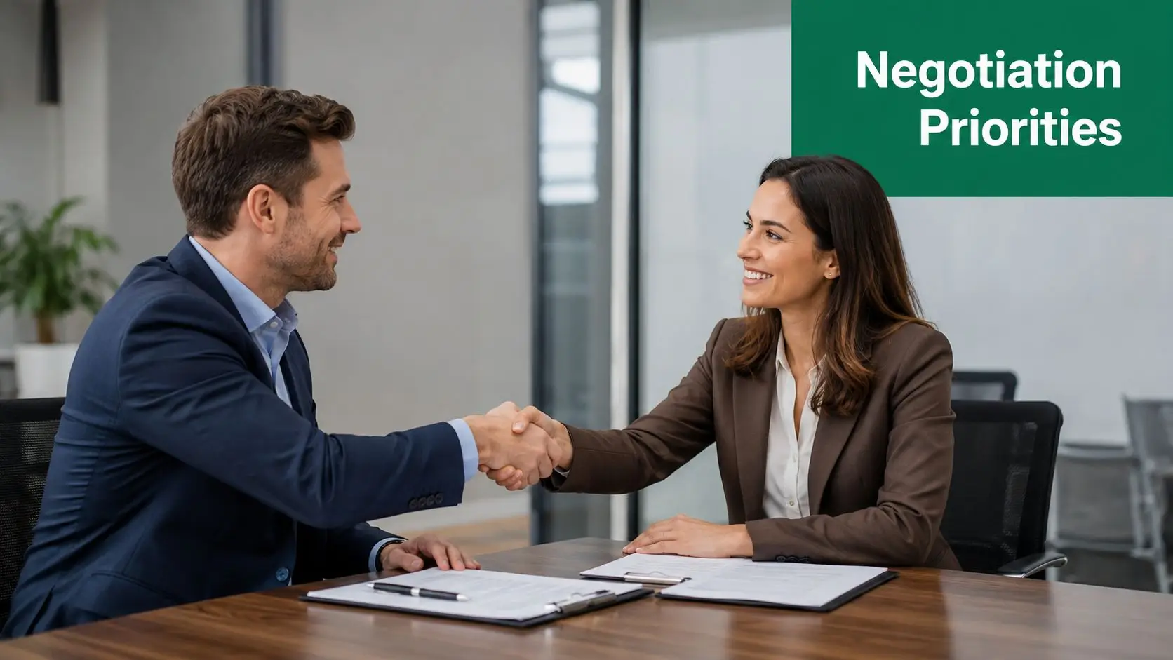 A professional man and woman smiling while shaking hands during a business deal in an office.