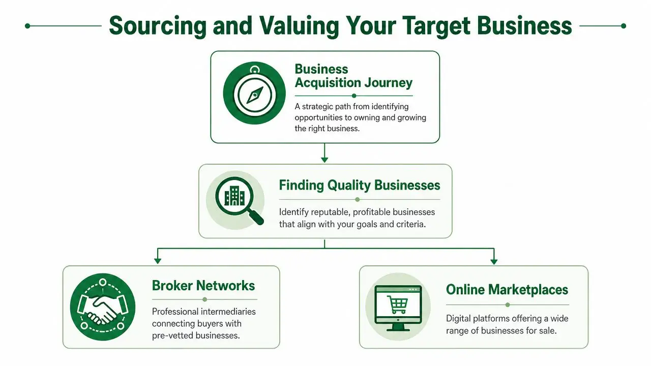 An infographic flowchart explaining the process of sourcing and valuing target businesses for acquisition.