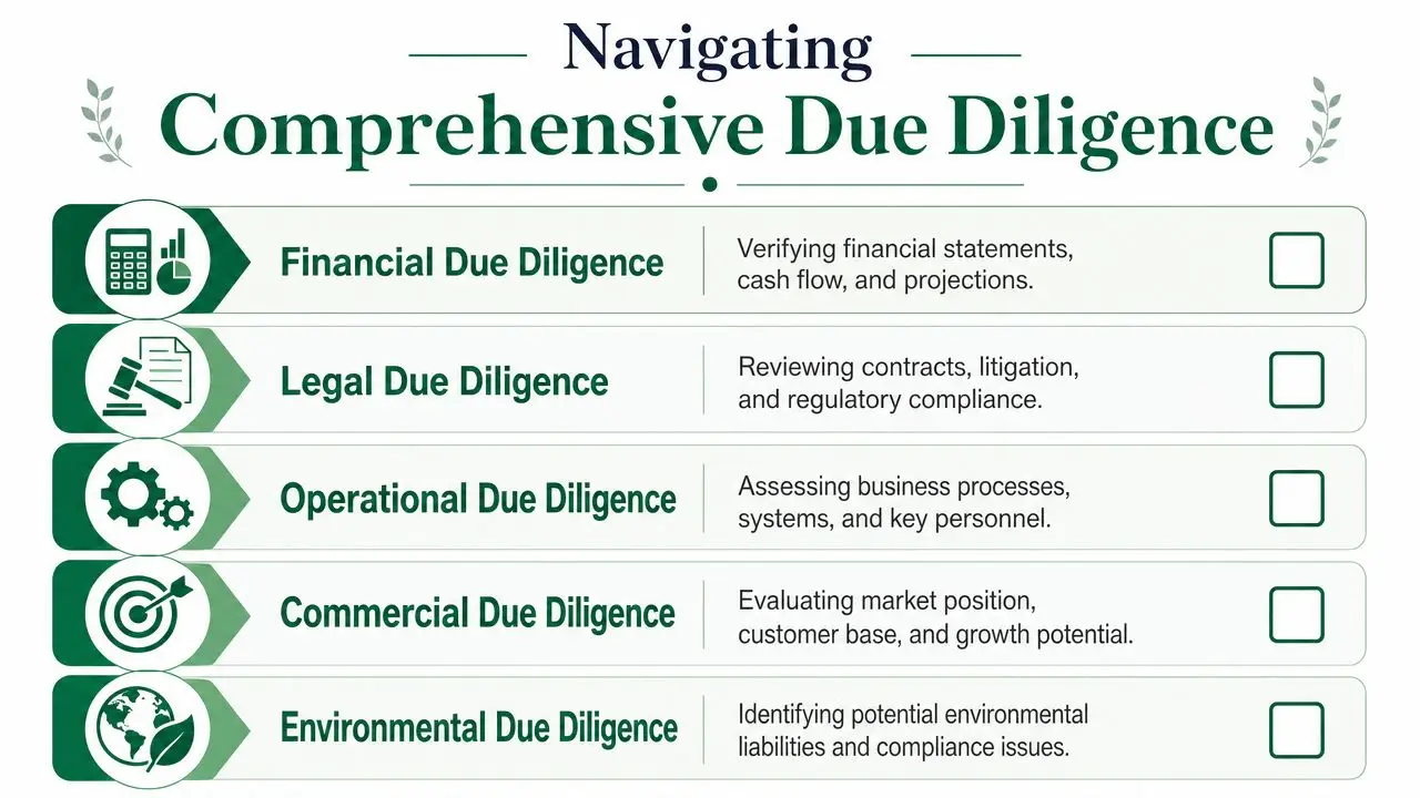 An infographic titled Navigating Comprehensive Due Diligence detailing five essential categories of business acquisition evaluations.
