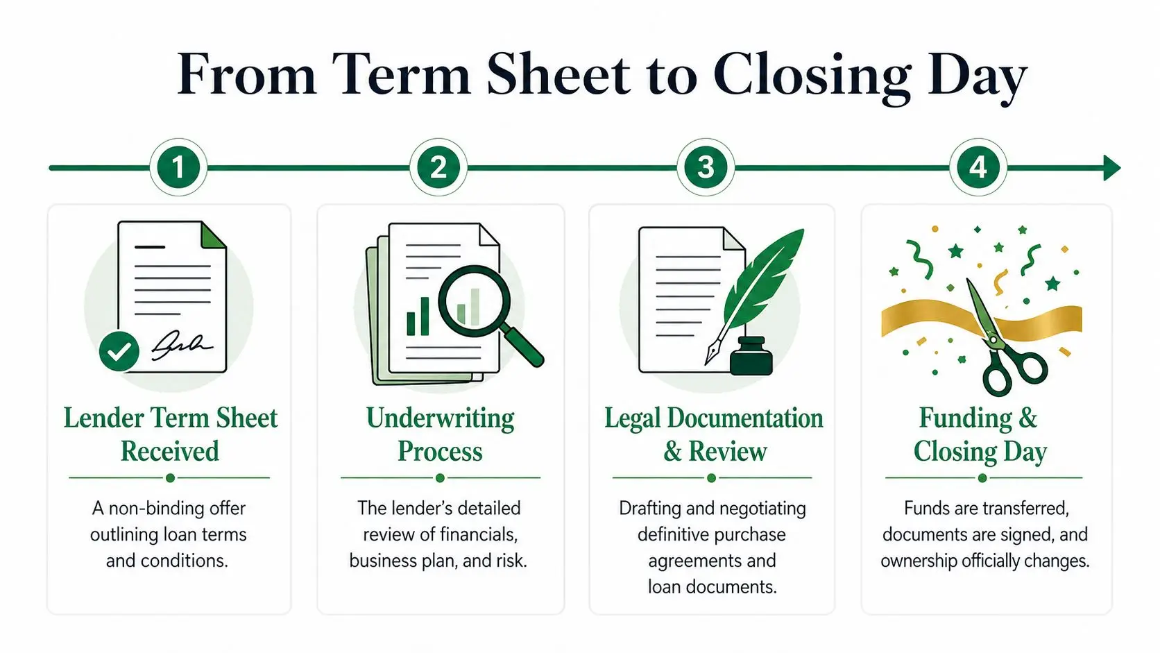 A four-step infographic illustrating the business loan process from initial term sheet to final closing day.