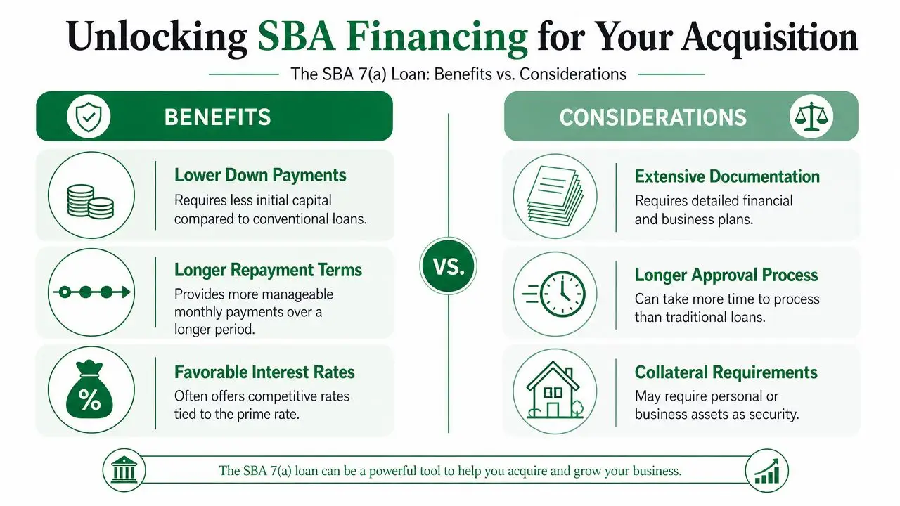 An infographic comparing the benefits and considerations of securing an SBA 7(a) loan for business acquisitions.