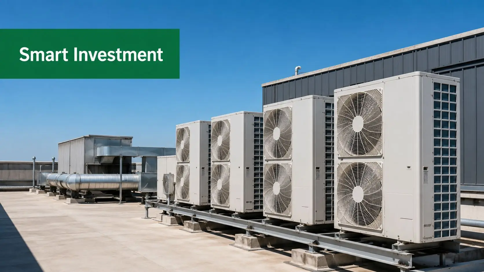 A line of large industrial HVAC cooling units installed on a flat building rooftop against a blue sky.