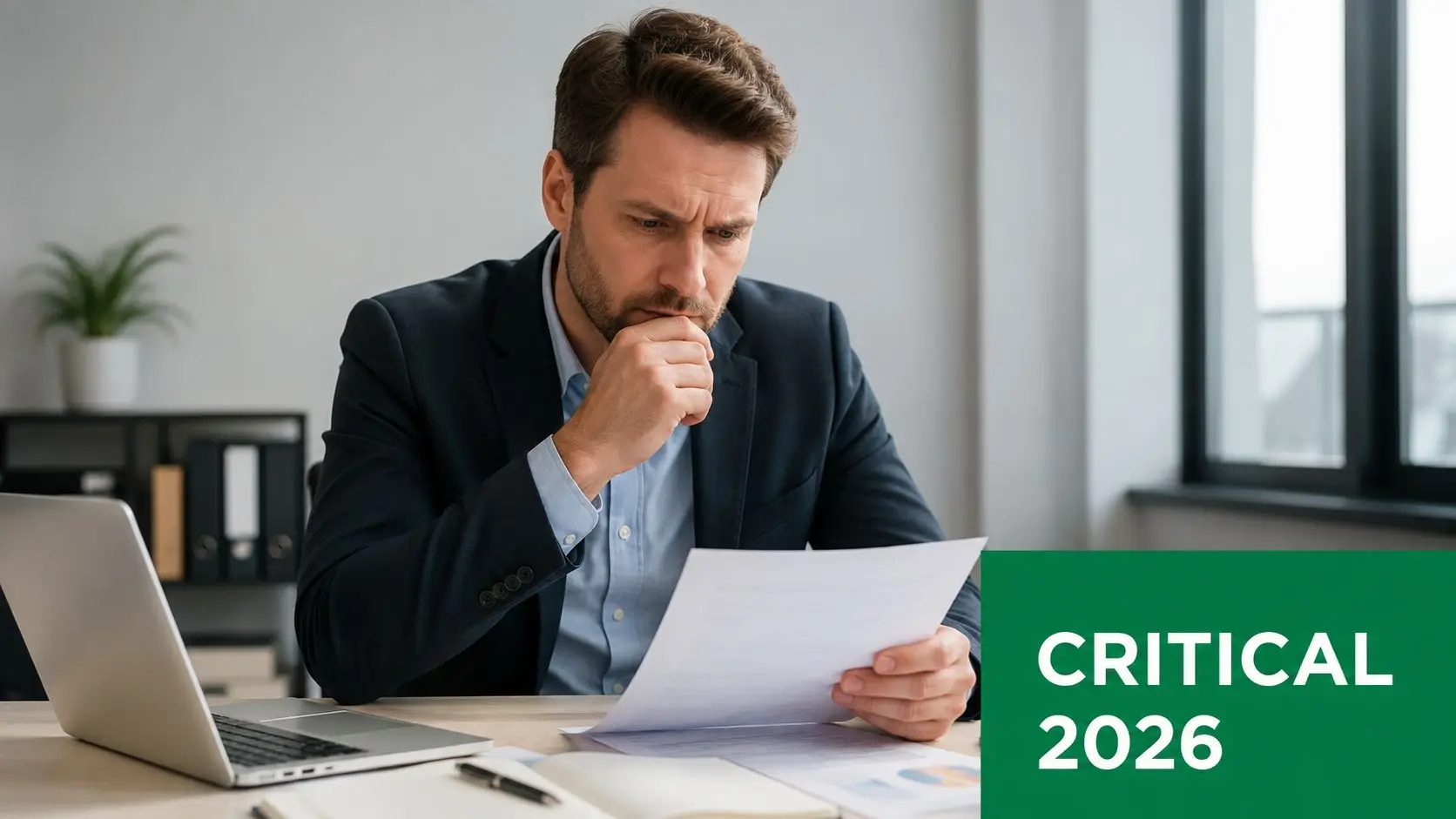 A concerned businessman in a suit reviews important financial documents at his desk in a modern office.