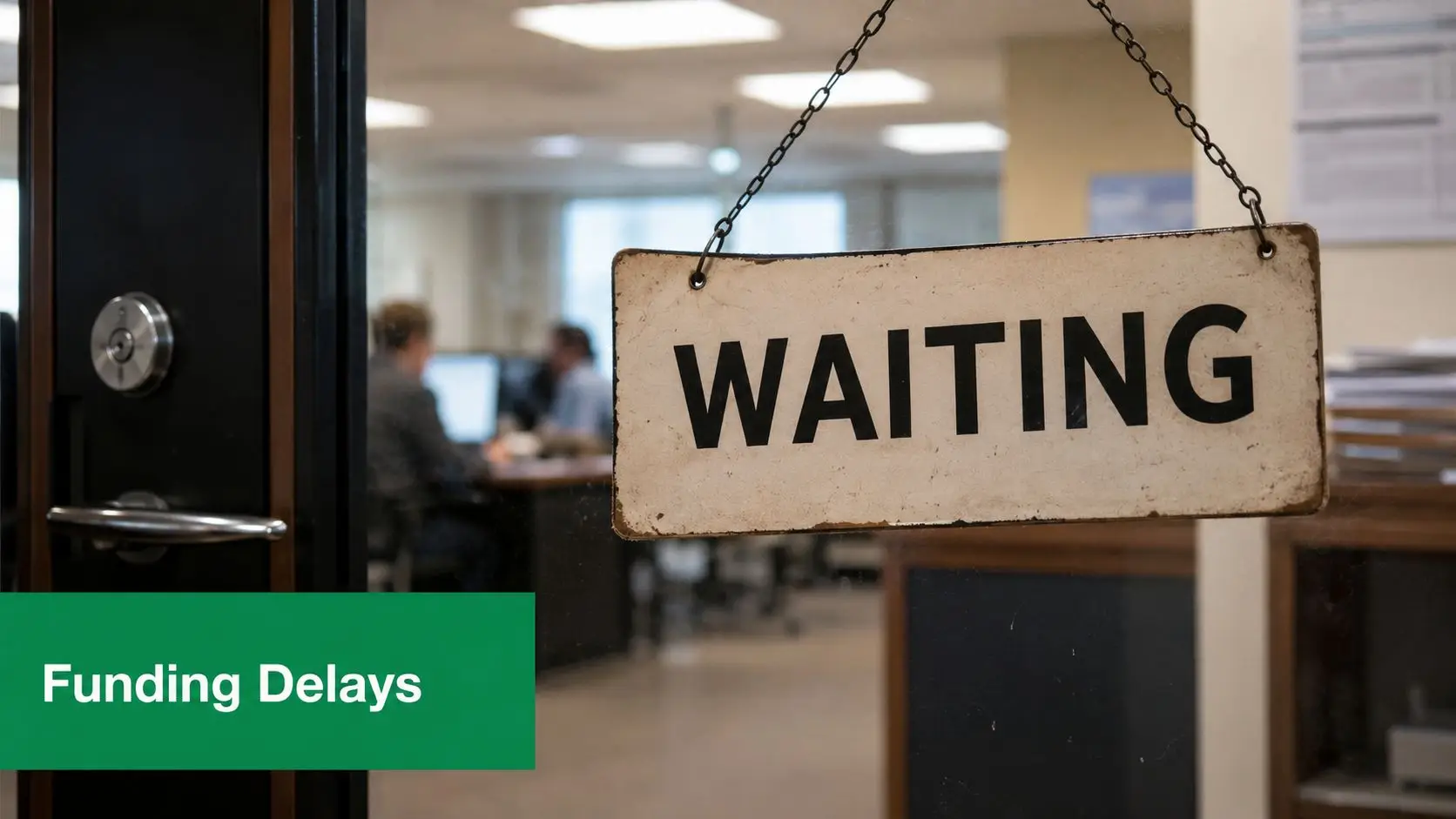 A sign that says Waiting hanging on an office door, symbolizing delays in the business funding process.